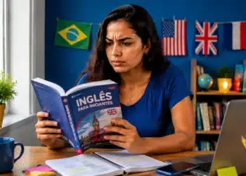 Jovem analisa um livro de inglês em ambiente de estudos para escolher o curso de idiomas mais adequado aos seus objetivos de aprendizagem.