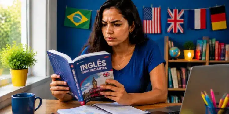 Jovem analisa um livro de inglês em ambiente de estudos para escolher o curso de idiomas mais adequado aos seus objetivos de aprendizagem.