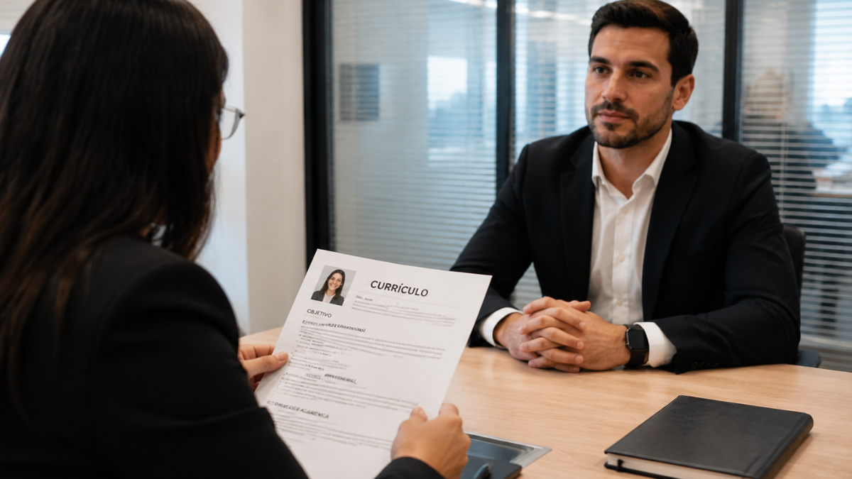Pessoa em entrevista de emprego apresentando currículo com destaque para habilidades profissionais e soft skills.