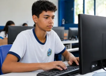 Jovem estudante participa de aula de informática básica em sala equipada com computadores.