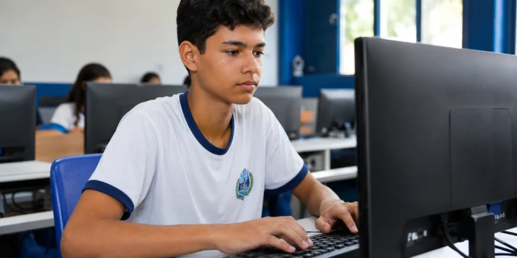 Jovem estudante participa de aula de informática básica em sala equipada com computadores.