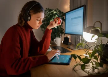 Pessoa realizando curso online de Inteligência Artificial em ambiente de estudo remoto.