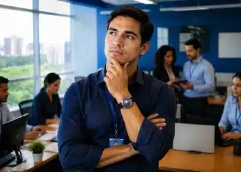 Profissional com curso técnico em ambiente corporativo analisando possibilidades de crescimento para cargos de liderança