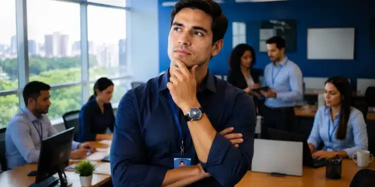 Profissional com curso técnico em ambiente corporativo analisando possibilidades de crescimento para cargos de liderança