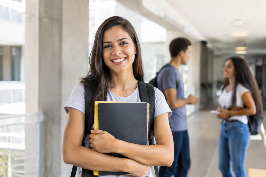 Estudante universitária com mochila e cadernos em campus representando os novos cursos de graduação autorizados pelo MEC em 2026 em quatro universidades federais fora das capitais.
