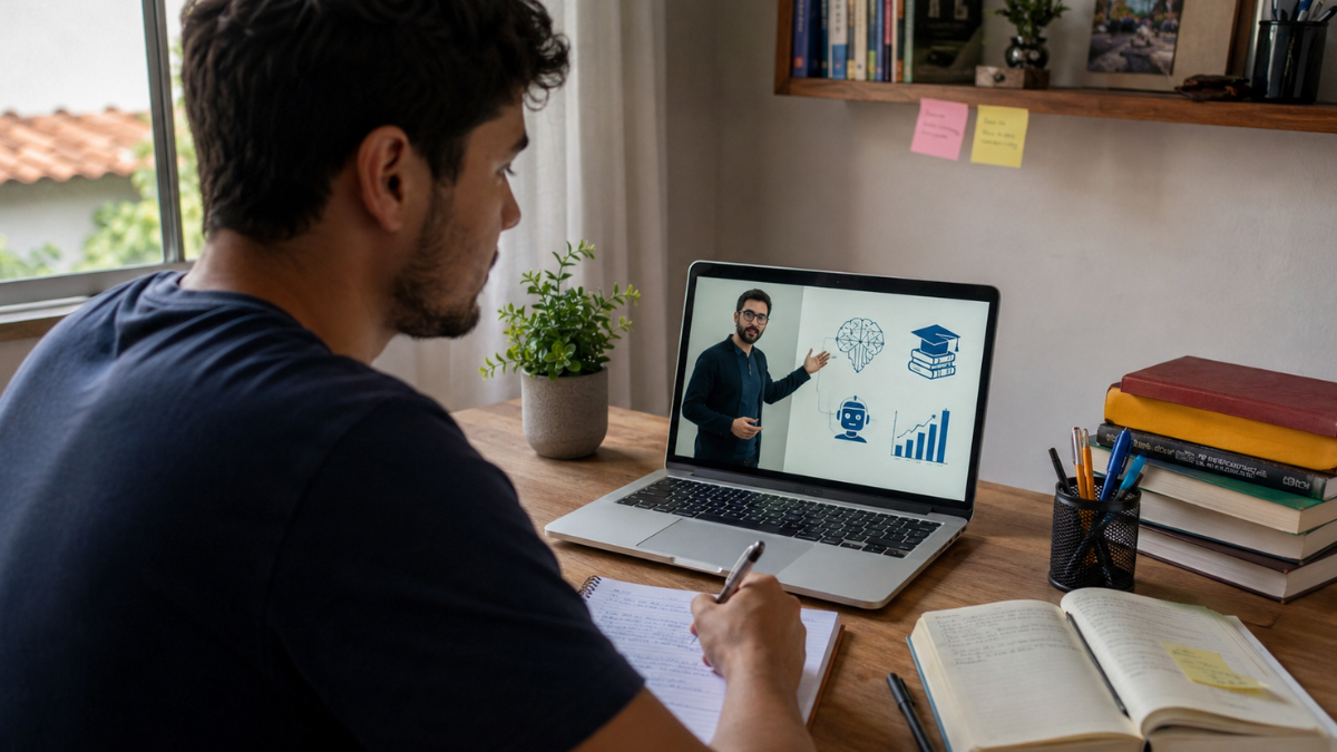 Pessoa acompanha aula online sobre Inteligência Artificial em notebook, em referência ao curso gratuito da USP para professores.