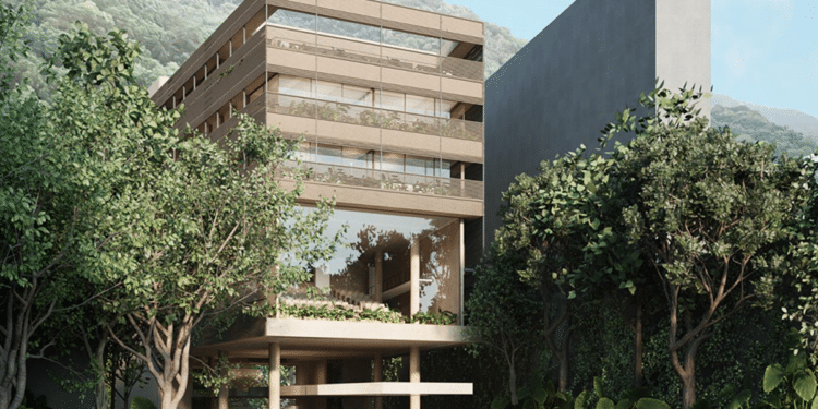 Imagem de projeto arquitetônico de um edifício moderno cercado por árvores e montanhas ao fundo, referência à instituição responsável pela oferta do curso gratuito