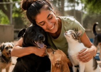 Pessoa cuidando de cães e gatos em ambiente externo representa cursos voltados ao cuidado com animais.