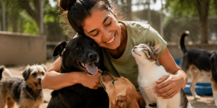 Pessoa cuidando de cães e gatos em ambiente externo representa cursos voltados ao cuidado com animais.