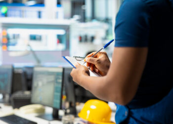 Imagem ilustrativa de profissional anotando informações em prancheta dentro de ambiente industrial, com capacete de segurança e monitores ao fundo, em referência às vagas gratuitas em cursos técnicos do Senac e do Senai