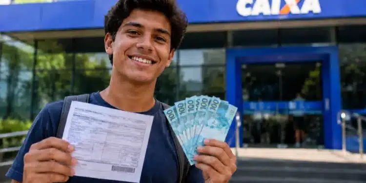 Estudante segurando documento e notas de real em frente a uma agência da Caixa, representando o desconto na dívida do Fies pelo programa Desenrola Adimplentes.