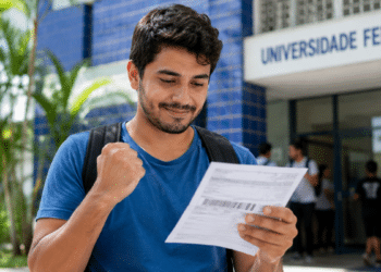 Imagem ilustrativa de jovem comemorando ao ler um boleto em frente a uma universidade federal, representando o estudante diante das novas condições de pagamento