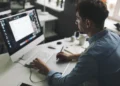 Profissional criativo trabalha em computador com recursos de design e produção visual.