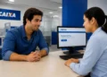 Estudante conversa com atendente da Caixa sobre renegociação de dívidas do Fies pelo programa Desenrola Fies.