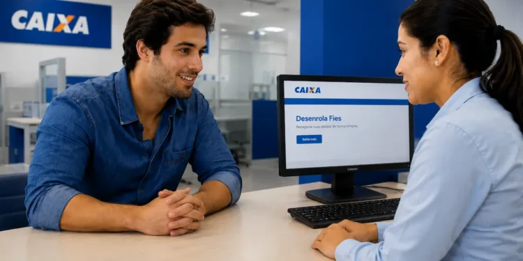 Estudante conversa com atendente da Caixa sobre renegociação de dívidas do Fies pelo programa Desenrola Fies.
