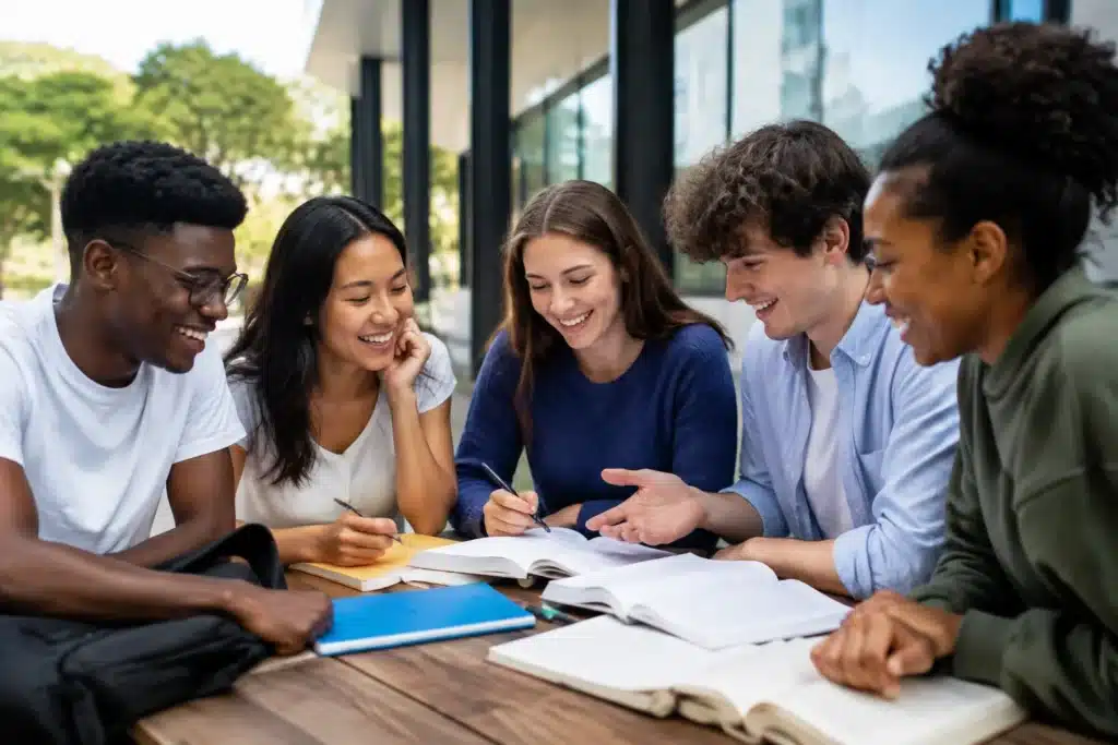Grupo de estudantes universitários reunidos em atividade acadêmica representando o Dia Internacional do Estudante.