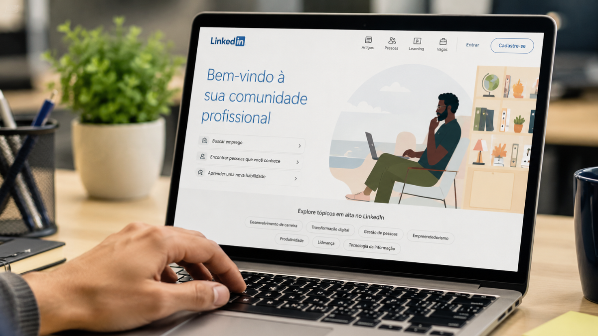 Mão utiliza notebook com o LinkedIn aberto durante busca por oportunidades profissionais.