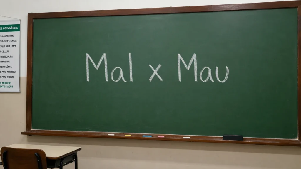 Quadro escolar com a comparação entre as palavras mal e mau