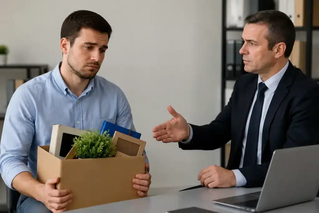 Homem segurando caixa com objetos pessoais durante encerramento de contrato de trabalho, representando as diferenças no saque do FGTS entre pedido de demissão e demissão sem justa causa.