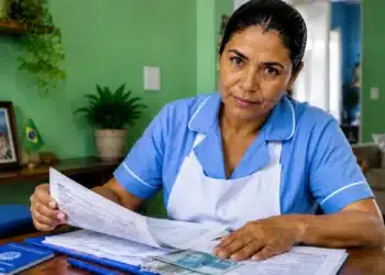 Trabalhadora doméstica analisa documentos relacionados ao vínculo empregatício em ambiente residencial, representando os direitos trabalhistas garantidos à categoria.