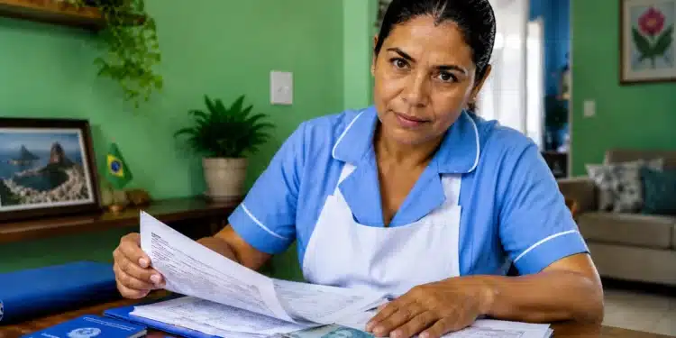 Trabalhadora doméstica analisa documentos relacionados ao vínculo empregatício em ambiente residencial, representando os direitos trabalhistas garantidos à categoria.