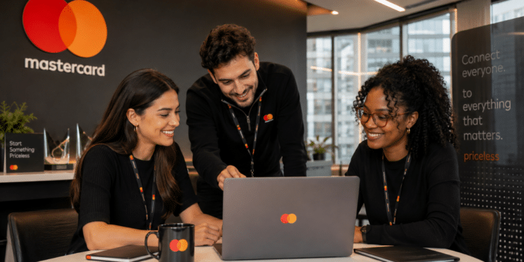 Profissionais da Mastercard trabalham em equipe durante reunião em escritório em São Paulo.