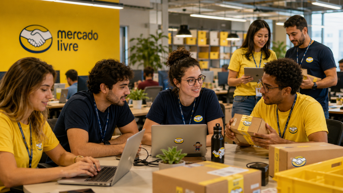 Jovens trabalhando em equipe em ambiente do Mercado Livre.