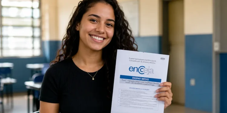 Estudante segura prova do Encceja 2026 antes da aplicação do exame.