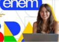 Arte com a marca do Enem sobre fundo colorido e foto de jovem sorridente diante de um notebook, em referência à abertura das inscrições do Enem PPL 2026