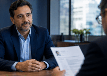Homem participa de entrevista de emprego enquanto recrutador analisa seu currículo.