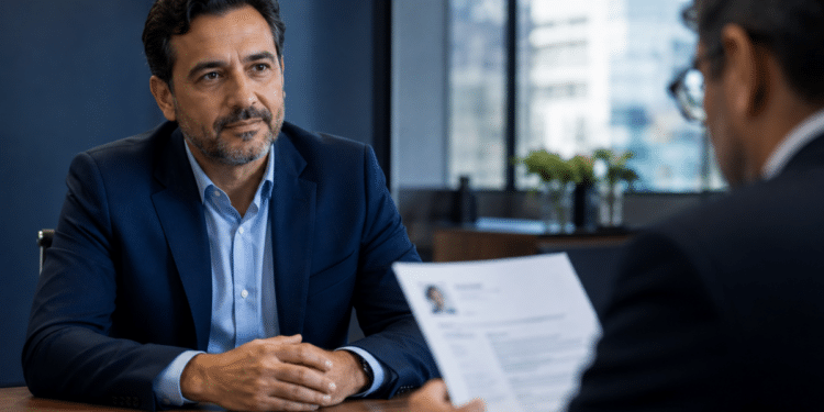 Homem participa de entrevista de emprego enquanto recrutador analisa seu currículo.
