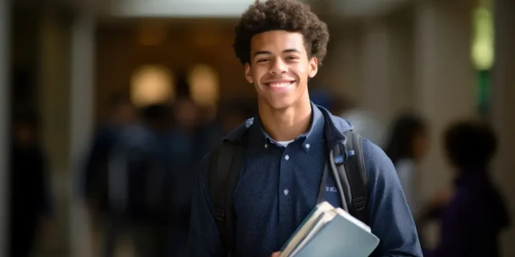 Jovem estudante com mochila e materiais escolares em ambiente de ensino, representando o Estatuto do Aprendiz.