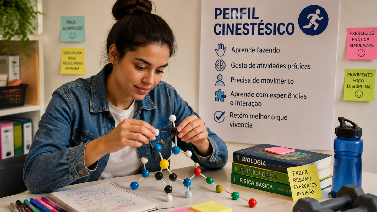 Estudante utilizando modelo prático de estudo para desenvolver o aprendizado cinestésico.
