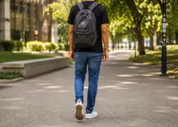Estudante com mochila caminhando em ambiente universitário, representando o jovem que perdeu a bolsa do Prouni após a análise da renda familiar.