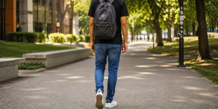 Estudante com mochila caminhando em ambiente universitário, representando o jovem que perdeu a bolsa do Prouni após a análise da renda familiar.