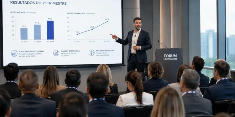 Profissional apresenta resultados em reunião corporativa com tela de gráficos ao fundo, representando comunicação e oratória no ambiente de trabalho.