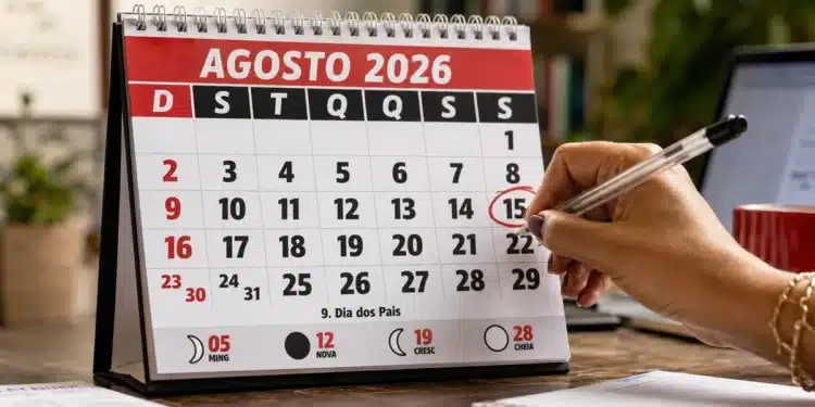 Calendário de agosto de 2026 com o dia 15 marcado em vermelho, data que é feriado em parte do Brasil