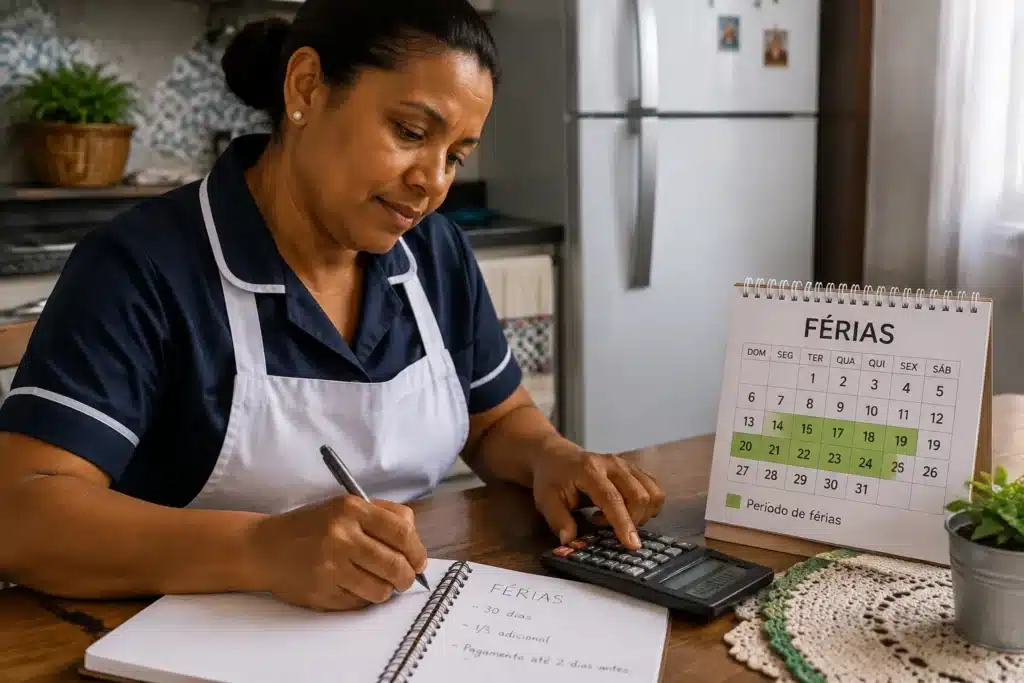 Trabalhadora doméstica confere cálculo de férias e período de descanso em calendário e anotações