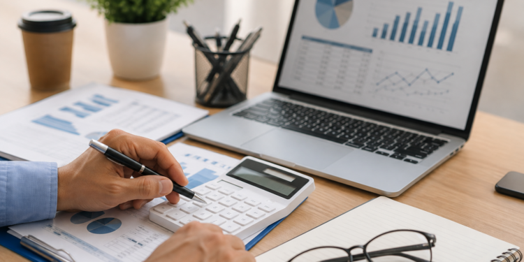 Mãos masculinas usando calculadora cercadas por gráficos, laptop com dashboard de finanças e óculos sobre caderno