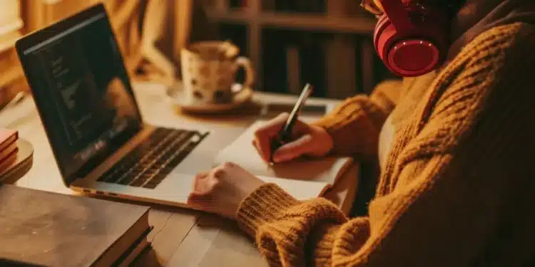 Estudante com fones de ouvido fazendo anotações durante uma graduação EAD pelo notebook.