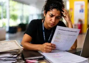 Estudante universitária analisa documentos e certificados de horas complementares