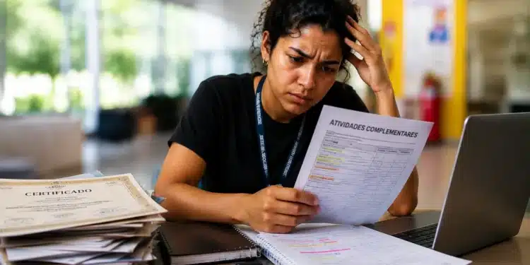 Estudante universitária analisa documentos e certificados de horas complementares