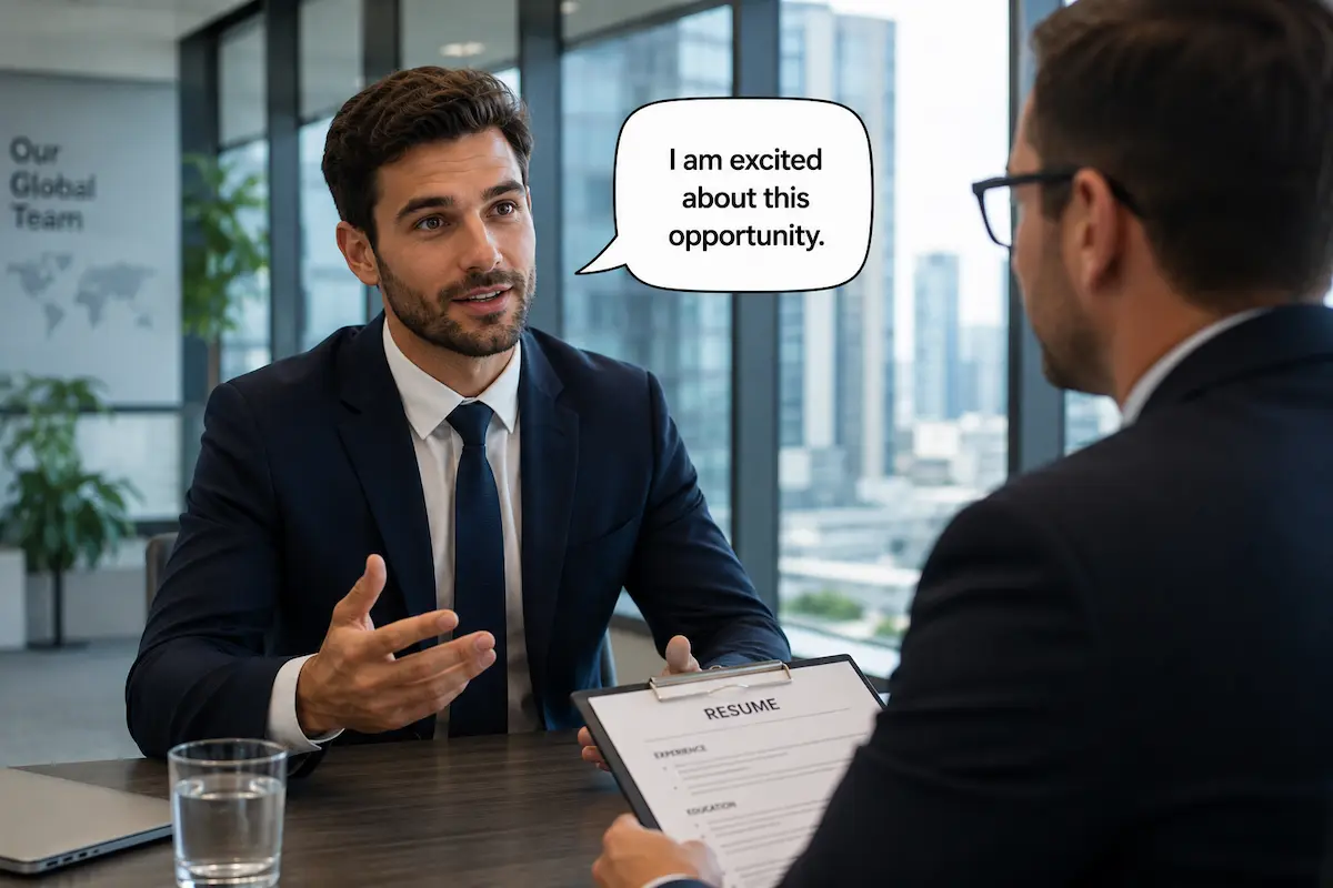 Profissional participa de entrevista de emprego em inglês para oportunidade internacional.