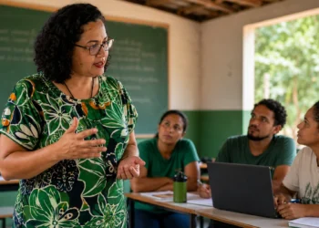 Professora conduz aula para estudantes adultos em iniciativa de expansão do mestrado e doutorado para regiões afastadas.