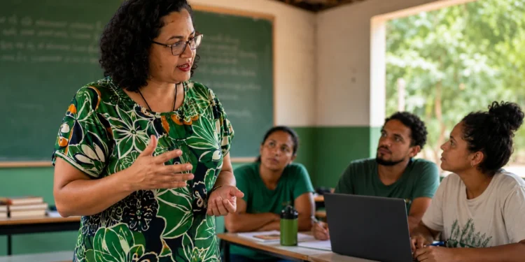 Professora conduz aula para estudantes adultos em iniciativa de expansão do mestrado e doutorado para regiões afastadas.