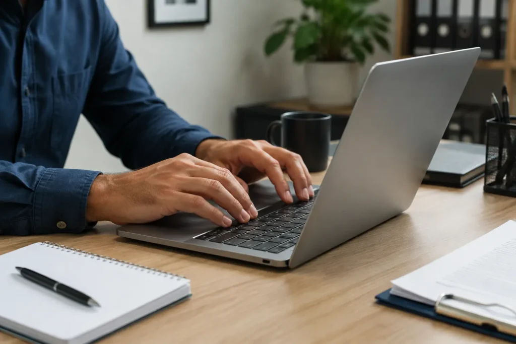 Mão masculina utilizando notebook em ambiente de escritório para representar inscrições online e pedido de isenção no concurso TJ-RS.