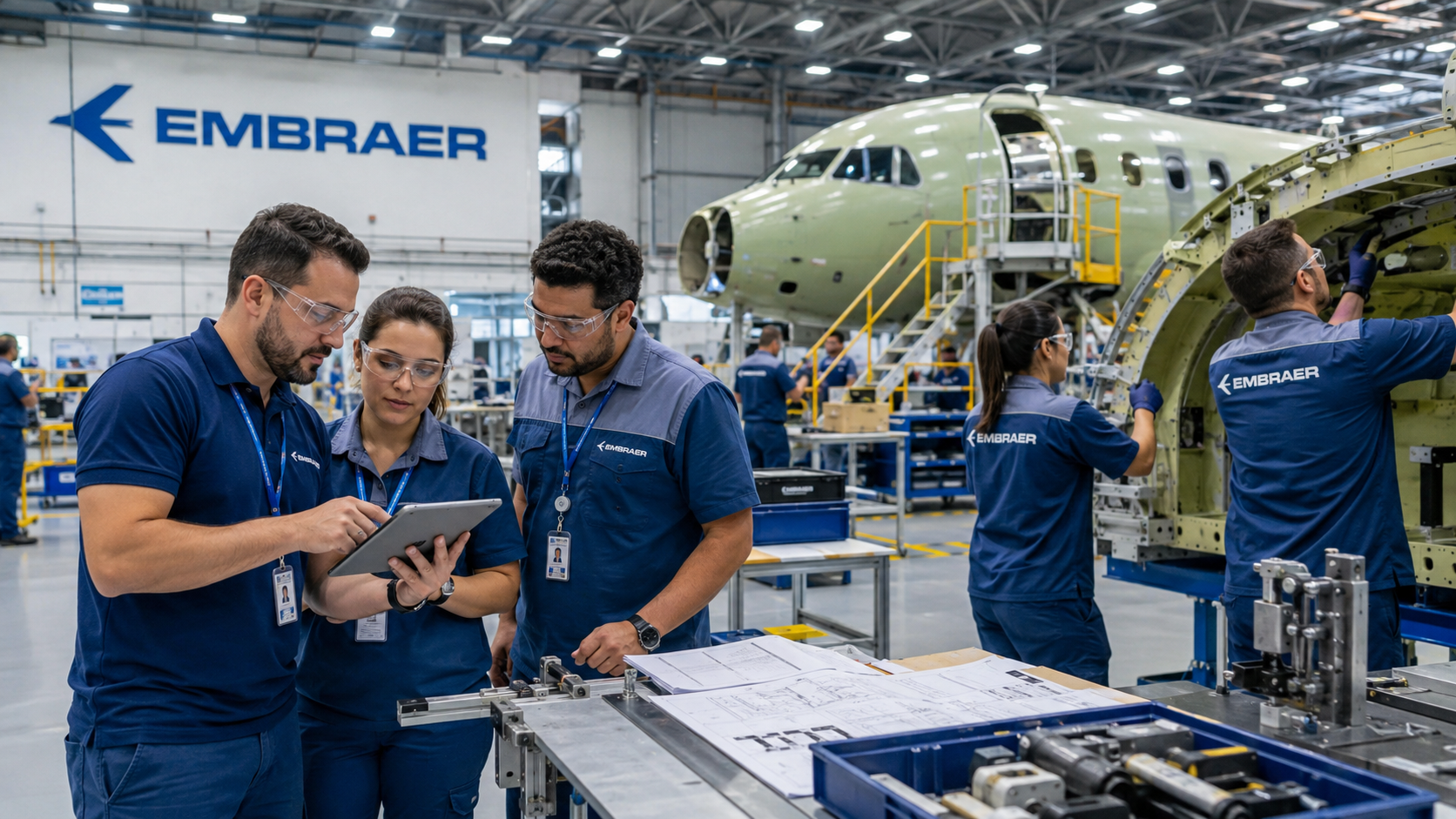 Profissionais trabalham em uma linha de produção da Embraer, representando o programa com 200 vagas de estágio.