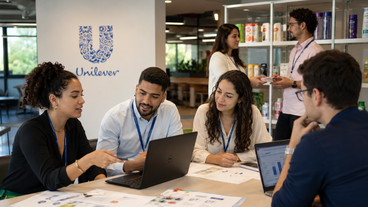 Profissionais reunidos em ambiente de trabalho da Unilever durante atividade colaborativa do programa de estágio.