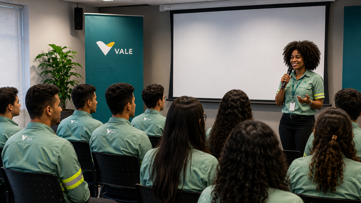Estagiários da Vale participam de palestra corporativa sobre desenvolvimento profissional e capacitação.