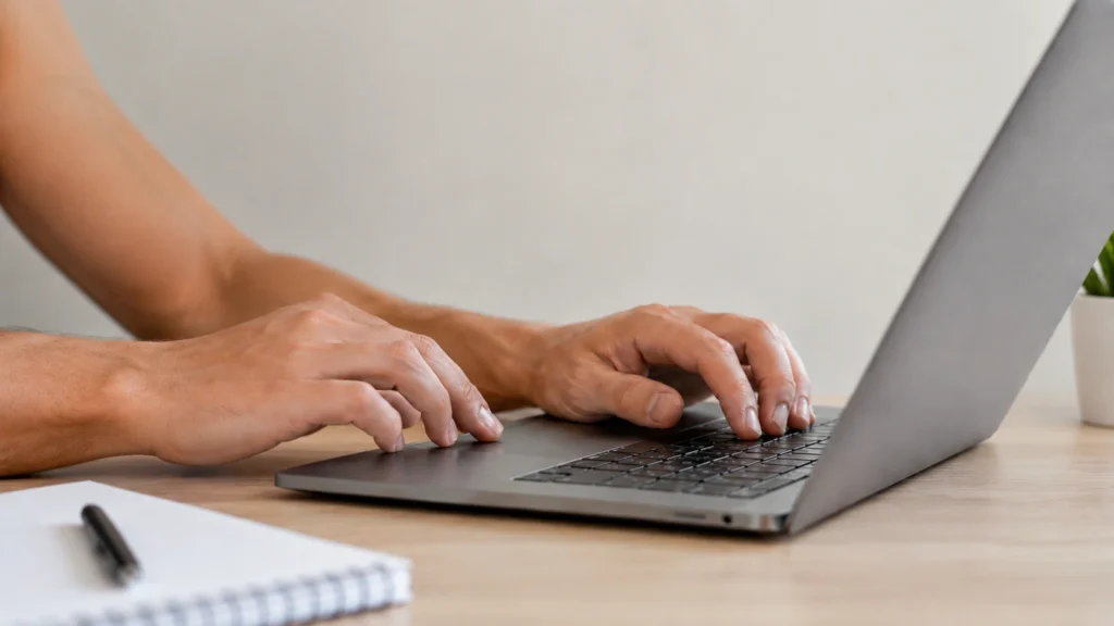Mãos digitando em notebook, representando a inscrição online nos cursos gratuitos do Programa Autonomia e Renda Petrobras.